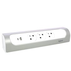 Rohový predlžovací prívod, 3x zásuvka 230V, 2x USB nabíjačka A + C, bez kábla, farba biela - hliník