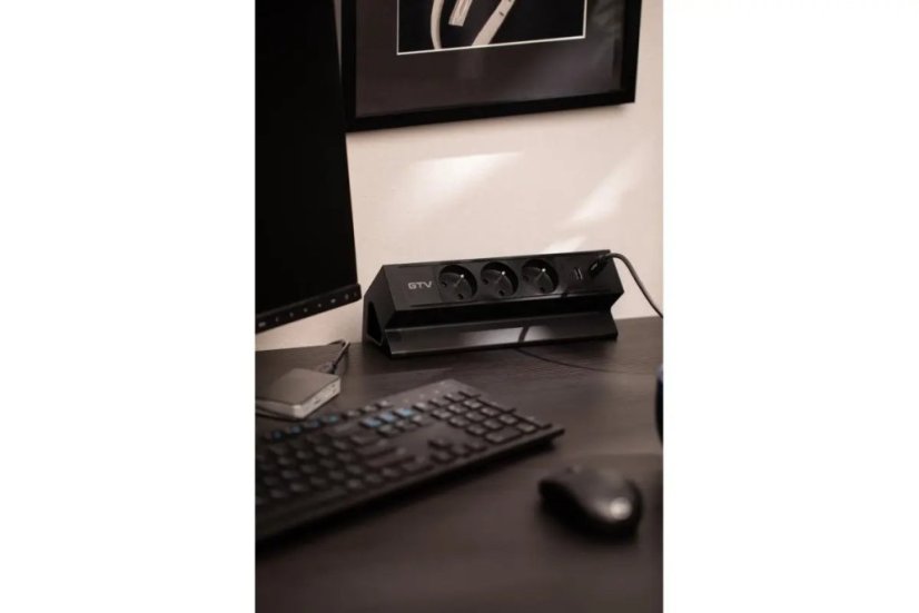Stolní blok Basco, 3x zásuvka 230V, 2x nabíjecí USB A+C 30W, kabel 1.5m, barva černá