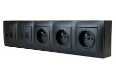 Zásuvkový blok nástěnný 3x 250V/16A + 4x RJ45 cat.6, bez kabelu, barva černá matná