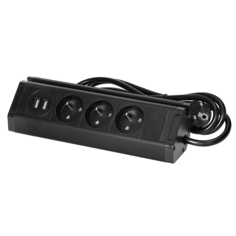 Trojitá rohová zásuvka 3x 230V s 2x USB (A) nabíjačkou a držiakom na telefón, kábel 1.5m, farba čierna