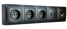 Zásuvkový blok nástěnný 3x 250V/16A + 2x RJ45 stíněný cat.6 + 1x TV-SAT koncová, bez kabelu, barva černá matná