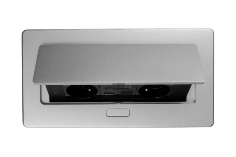 Výklopná zásuvka MULTISOFT, 2x 230V schuko,  USB A/C nabíječka, RJ45, barva stříbrná, kabel o délce 1.5m