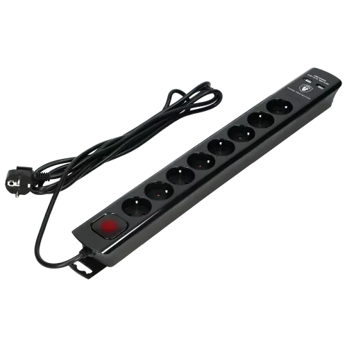Přepěťová ochrana 375J, 8x zásuvka 230V/10A, 2x nabíjecí USB-A 2.1A, prosvětlený vypínač, barva černá, kabel 3m