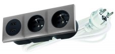 Zásuvkový blok zapuštěný ve stříbrné barvě, 2x zásuvka 230V + 2x USB-A nabíječka, kabel 1.5m