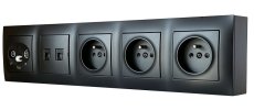 Zásuvkový blok nástenný 3x 250V/16A +  2x RJ45 tienený cat.6 + 1x TV-SAT koncová, bez kábla, farba čierna matná