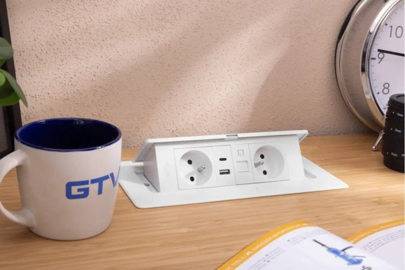 Výklopná zásuvka MULTISOFT, 2x 230V,  USB A/C nabíječka, RJ45, barva bílá, kabel o délce 1.5m