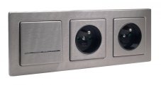 Zásuvka 2x 250V/16A s uzemněním a 1x vypínačem řazení č.6 s modrým podsvětlením, pro instalaci pod omítku, nerezová ocel