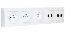 Zásuvkový blok nástenný 3x 250V/16A, 2x USB nabíjačka, 2x RJ45 tienený, bez kábla, farba biela lesklá