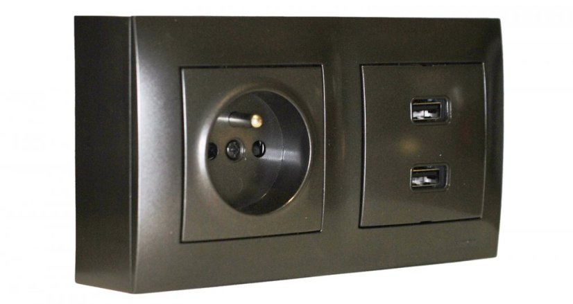 Zásuvkový blok nástěnný 1x 250V/16A + 2x USB nabíječka, barva antracitová metalíza, bez kabelu