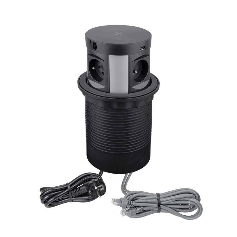 Zásuvkový blok s bezdrátovou nabíječkou, 4x 230V + 2x RJ45 + 2x USB(A+C), černá barva, kabel 1.7m