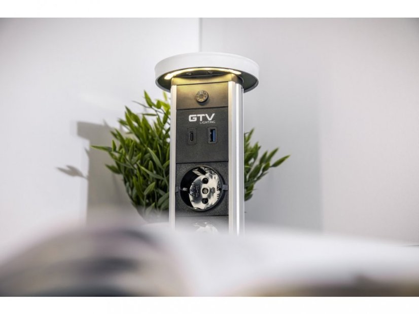 Výsuvná zásuvka CAMINO s osvetlením, 2x 230V, 2x USB-A/C nabíjací, 1x bezdrôtová indukčná nabíjačka, vypínač, kábel 1.5m, farba biela