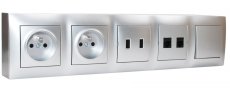 Nástenný blok 2x zásuvka 250V/16A, 2x USB port nabíjací, 2x RJ45, 1x vypínač radenia č. 1, bez kábla, farba strieborná