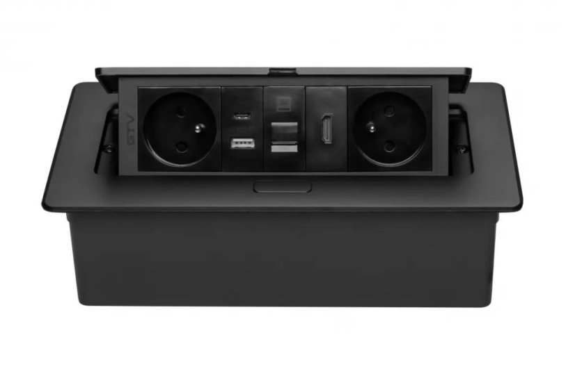 Výklopná zásuvka MULTISOFT, 2x 230V,  USB A/C nabíječka, RJ45, HDMI, barva černá, kabel o délce 1.5m