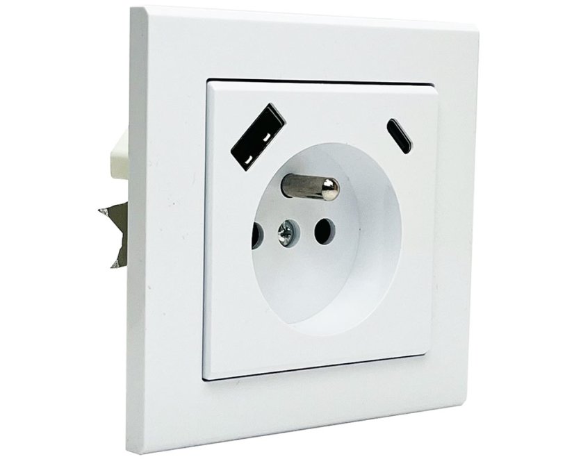 Zásuvka v rámčeku pod omietku, 1x 230V/16A s USB A+C nabíjačkou 20W, farba biela lesklá