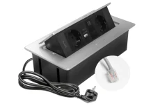 Výklopná zásuvka MULTISOFT, 2x 230V schuko,  USB A/C nabíječka, RJ45, barva stříbrná, kabel o délce 1.5m