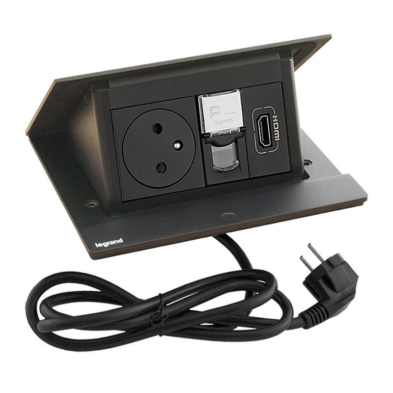 Pop-up blok INCARA 1x zásuvka 250V surface, 1x RJ45 cat.6, 1x HDMI 2.0 + montážní rám, barva černá, kabel 2m