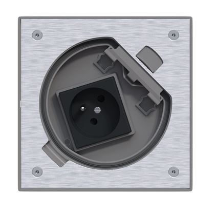 Podlahová nerezová zásuvka 1x 250V, manuální zámek, IP66, 135x135 mm, pro lité podlahy