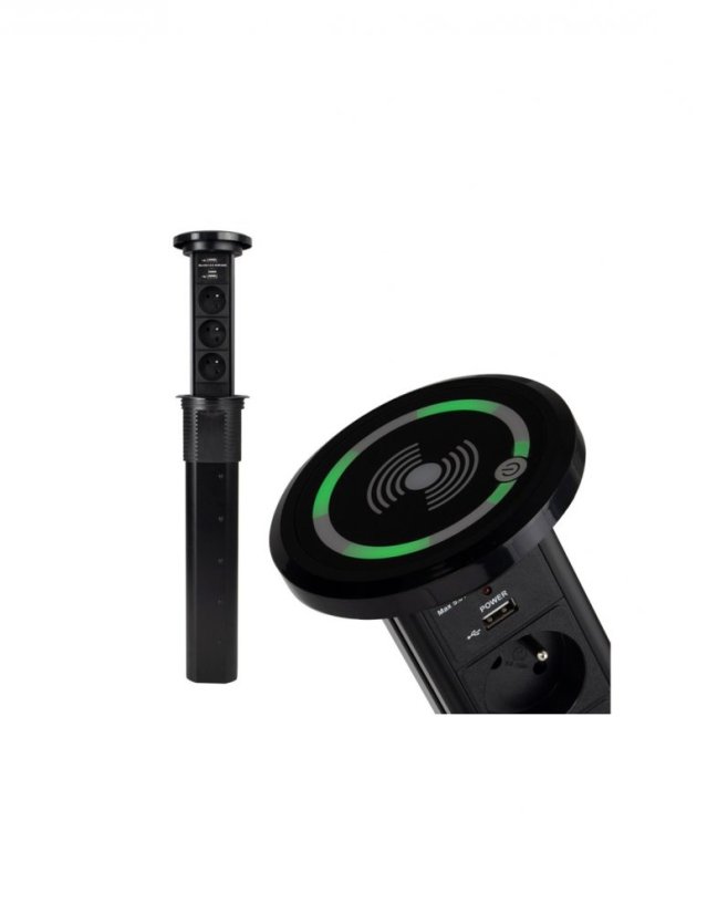 Automaticky výsuvný blok LIFT BOX USB, 3x zásuvka 230V, 2x USB nabíjačka + bezdrôtová nabíjačka, kábel 2m, farba čierna