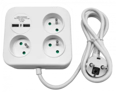 Štvorcový napájací blok s 3x zásuvkou 230V a 2x USB-A nabíjačkou 5V, kábel 1.4m