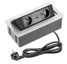 Výklopná zásuvka 2x 230V, 2x USB A+C nabíjecí 15W, barva stříbrná (hliník), kabel o délce 1.5m