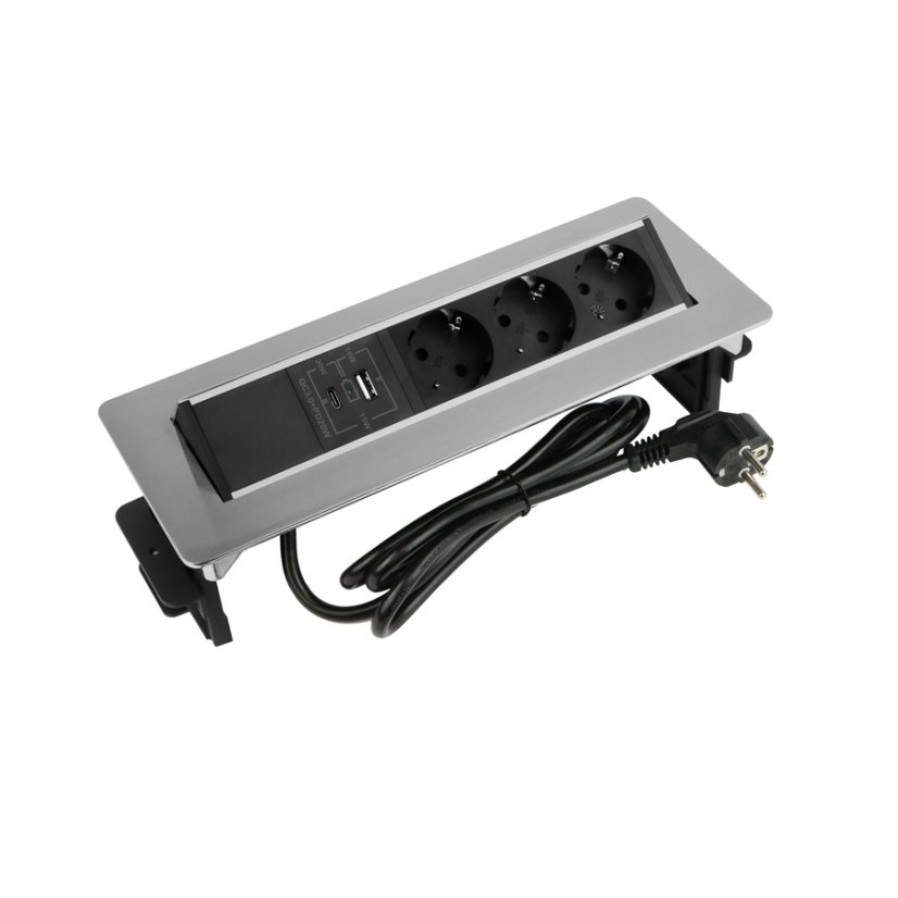Výklopná zásuvka FLIX BOX,  3x 230 V,  USB-A QC 3.0 + USB-C PD, kabel 1,5m, broušená ocel