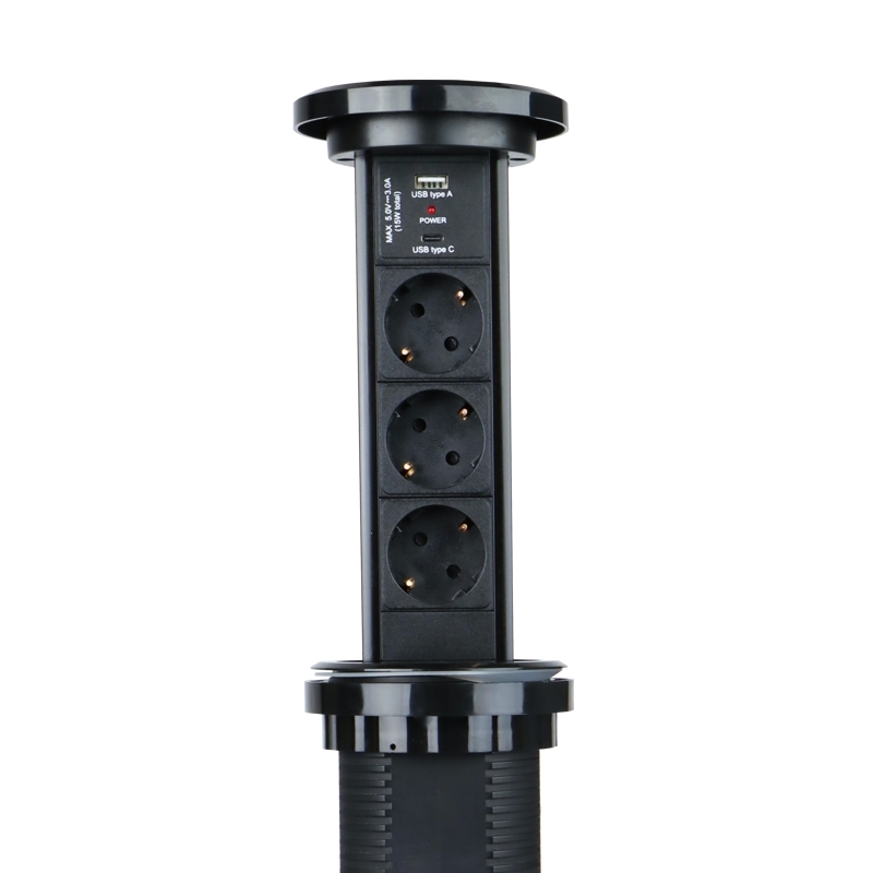 Automaticky výsuvný blok LIFT BOX USB, 3x zásuvka 230V (verze schuko), nabíječka USB A + C, bezdrátové nabíjení, kabel 2m, barva černá