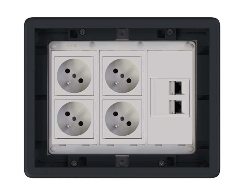 Podlahová zásuvka 4x 250V/16A (zásuvka bílá) + 2x port RJ45 cat. 6, barva boxu grafitově-šedá, pro zvýšené podlahy