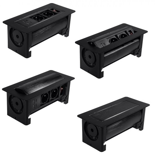 Otočná zásuvka do stola v hliníkovom puzdre, farba čierna, 2x 230V + 2x USB nabíjací, vypínač, kábel 1.5m