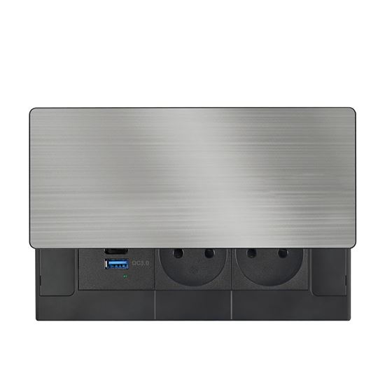 Zásuvkový blok vestavný, 2x 230V, posuvný kryt,  USB A+C 20W PD, kabel 2 m, barva stříbrná