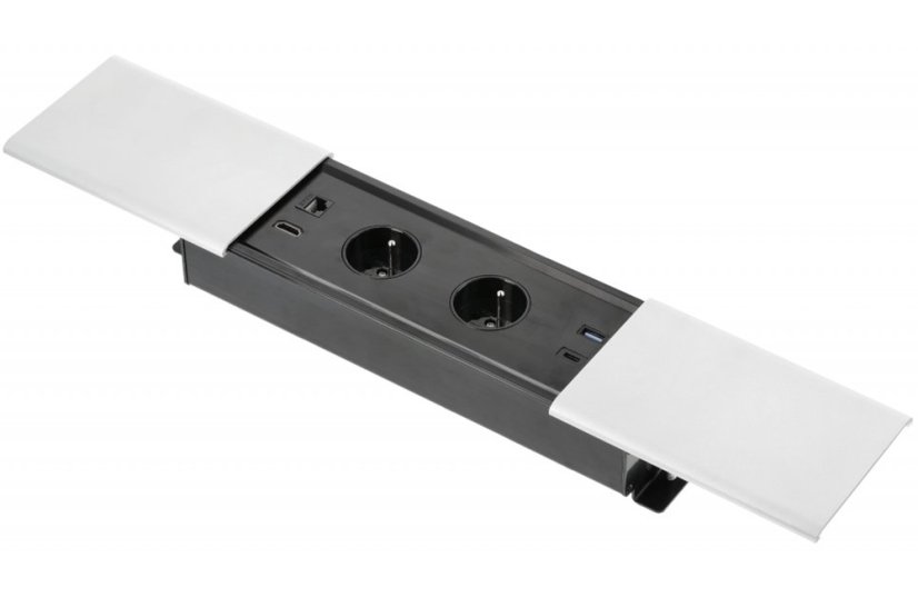 Zásuvkový blok PRESTINO s posuvným víkem, 2x zásuvka,  2x USB A/C , 1x HDMI 2.0, 1x RJ45 cat.6, kabel 1.5m, barva bílá
