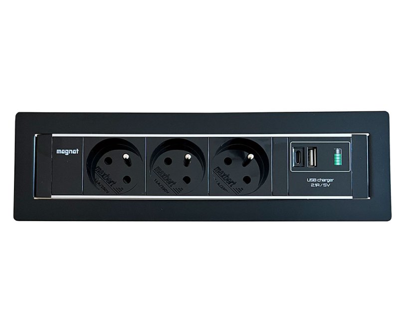Vestavná zásuvka MAGNAT-FRAME,  3× 230 V + 1× USB-A/C nabíječka, barva černá, kabel 2m