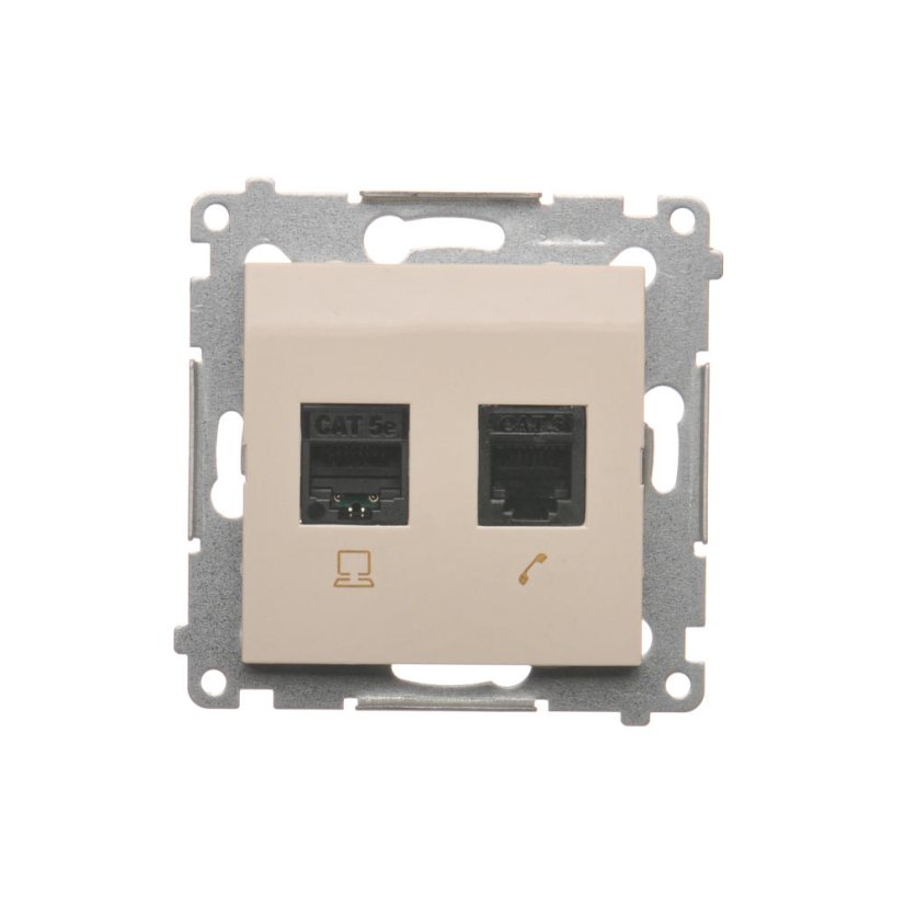 Dátová zásuvka RJ45 cat. 5e + telefónna RJ12 (zariadenie s krytom), Simon 54, farba krémová