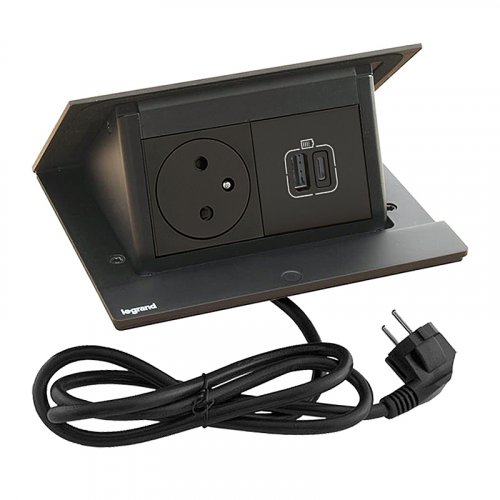 Pop-up blok INCARA 1x zásuvka 250V + nabíječka USB A+C 15W + montážní rám, černá barva, kabel 2m