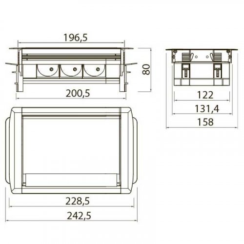 Stolní zásuvkový blok s kartáčem proti prachu, 3x zásuvka 230V (verze schuko), materiál hliník, kabel 1.5m