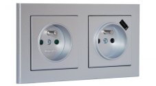 Zásuvky v rámčeku pod omietku, 2x 230V/16A + 1x USB nabíjačka, farba strieborná