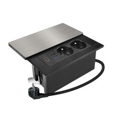 Zásuvkový blok vestavný, 2x 230V, posuvný kryt,  USB A+C 20W PD, HDMI, kabel 2 m, barva stříbrná