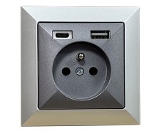 Zásuvka v rámečku, 1× 230 V / 16 A s USB A+C nabíječkou, série Pearl, pod omítku, barva stříbrná a antracitová