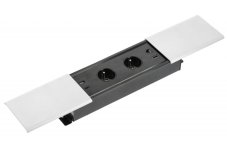 Zásuvkový blok PRESTINO s posuvným víkem, 2x zásuvka,  2x USB A/C , 1x HDMI 2.0, 1x RJ45 cat.6, kabel 1.5m, barva stříbrná
