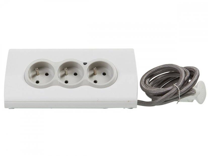 Multifunkčný blok, 3x zásuvka 230V, 2x USB-A nabíjací, vypínač, držiak tabletu alebo telefónu, farba bielo-sivá