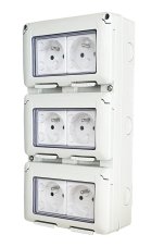 Zásuvka 6x 250V, Gewiss Combi 27, vodeodolná, krytie IP55, farba šedá