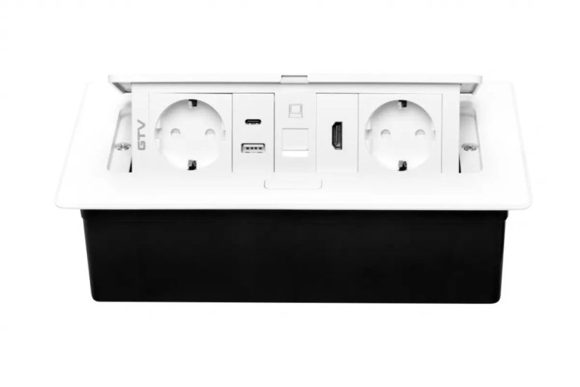 Výklopná zásuvka MULTISOFT, 2x 230V (schuko),  USB A/C nabíječka, RJ45, HDMI, barva bílá, kabel o délce 1.5m