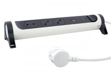 Prodlužovací přívod otočný, 3x zásuvka 230V, USB nabíječka A+C, přepěťová ochrana, vypínač, kabel 1.5m, barva tmavě šedá - bílá