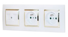 Zásuvky 2x 250V/16A + 2x RJ45 cat.6 v rámečku pod omítku, bílé barvy se zlatým lesklým ozdobným rámem