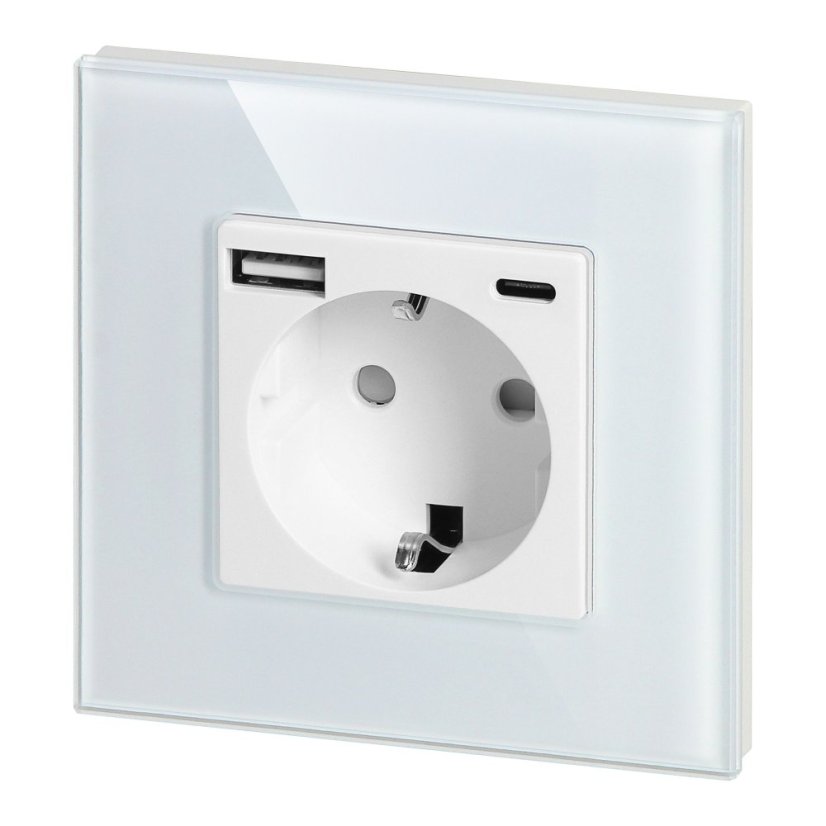Zásuvka 2P+Z (schuko) s USB-A + USB-C nabíječkou 5VDC /3A, skleněný rameček, barva bílá