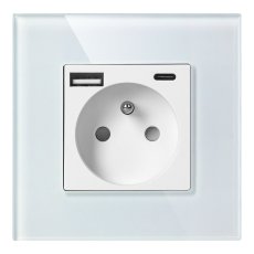 Zásuvka 1x 230V s USB-A + USB-C nabíječkou, PD 20W, rámeček sklo, pod omítku, barva bílá