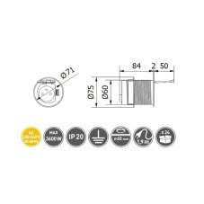 Jednoduchá zásuvka (1x250V schuko verze) s víčkem + USB nabíjecí, barva stříbrná, kabel 1.9m