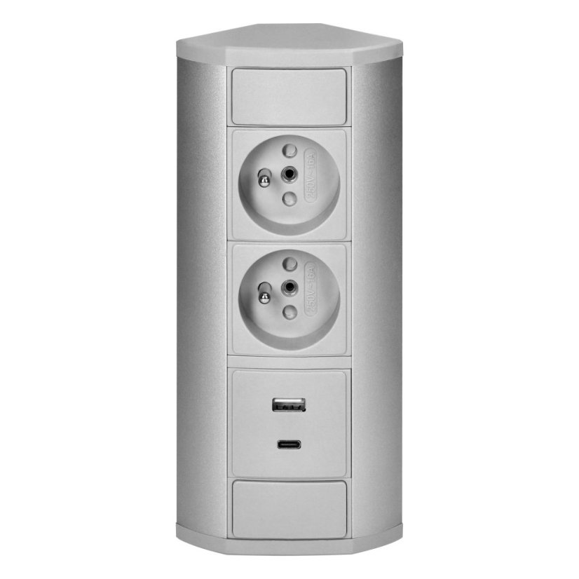 Rohový zásuvkový blok, 2x zásuvka 230V + 2x USB nabíječka A+C 5V, šedo-stříbrná barva