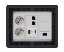 Podlahová zásuvka 2x 250V/16A (zásuvka bílá), USB nabíječka A+C, 2x RJ45 cat.6, 1x HDMI , barva boxu grafitově-šedá, s puzdrom pro lité podlahy
