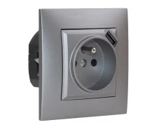 Zásuvka v rámčeku pod omietku, 1x 250V/16A s USB nabíjačkou, šedej matnej farby