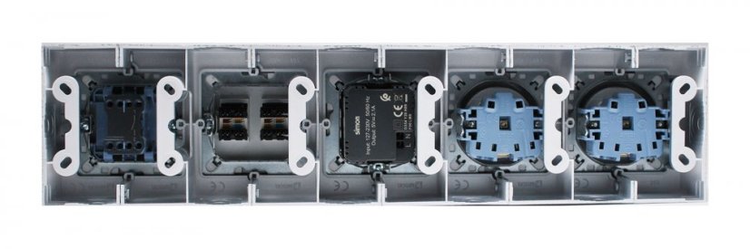 Nástenný blok 2x zásuvka 250V/16A, 2x USB port nabíjací, 2x RJ45, 1x vypínač radenia č. 1, bez kábla, farba strieborná